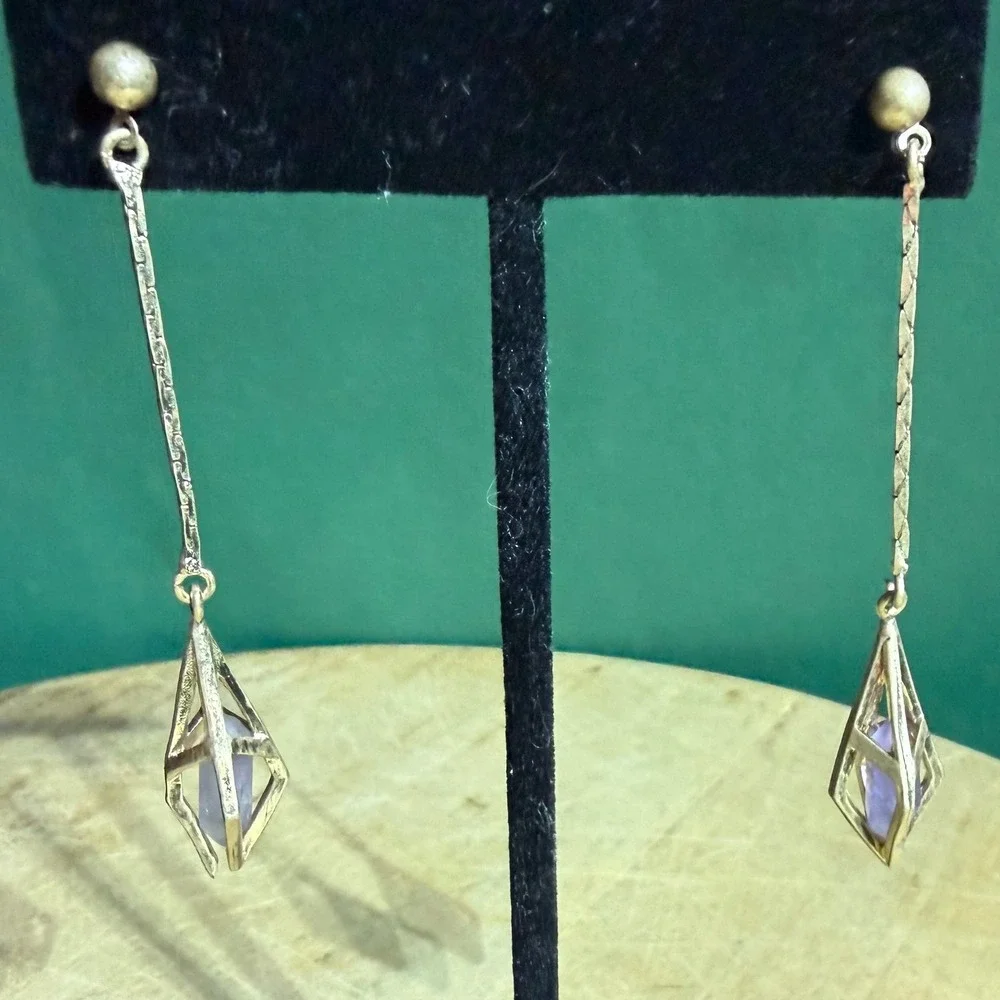 Amethyst Crystal Point Cage Drop Earrings Gold Tone Witchy Whimsigoth Pagan Gift